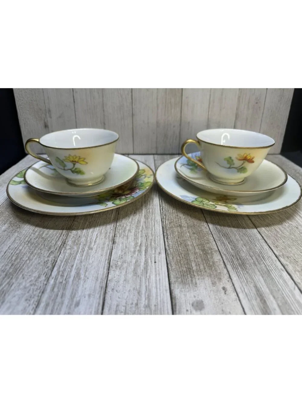 Vintage Shofu China Tea Cups & Saucers Floral Design Gold Rim Japan - Set of 2